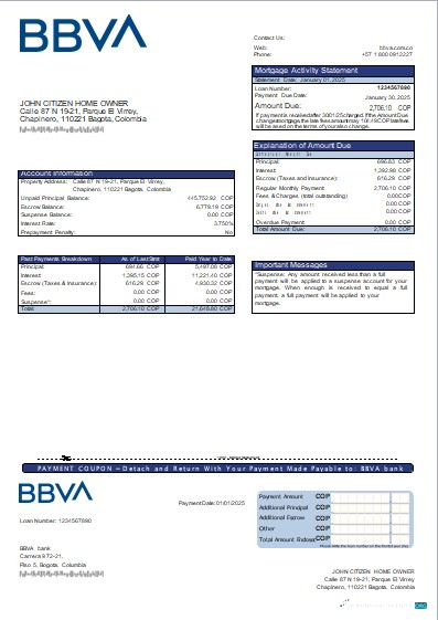Download Colombia BBVA bank mortgage statement scr Photoshop template